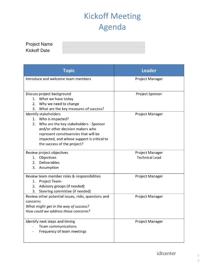 Project Management Kickoff Meeting Agenda Template