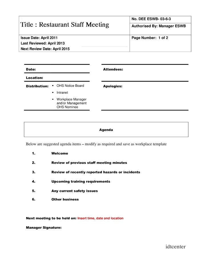 Restaurant Staff Meeting Agenda Template