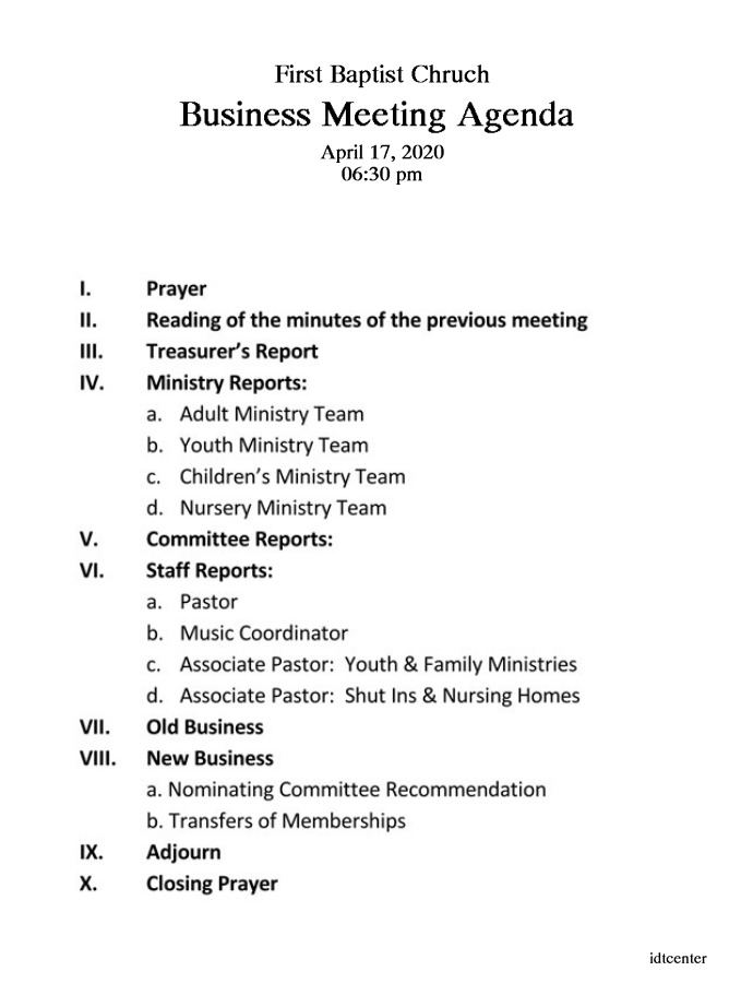 church business meeting agenda template