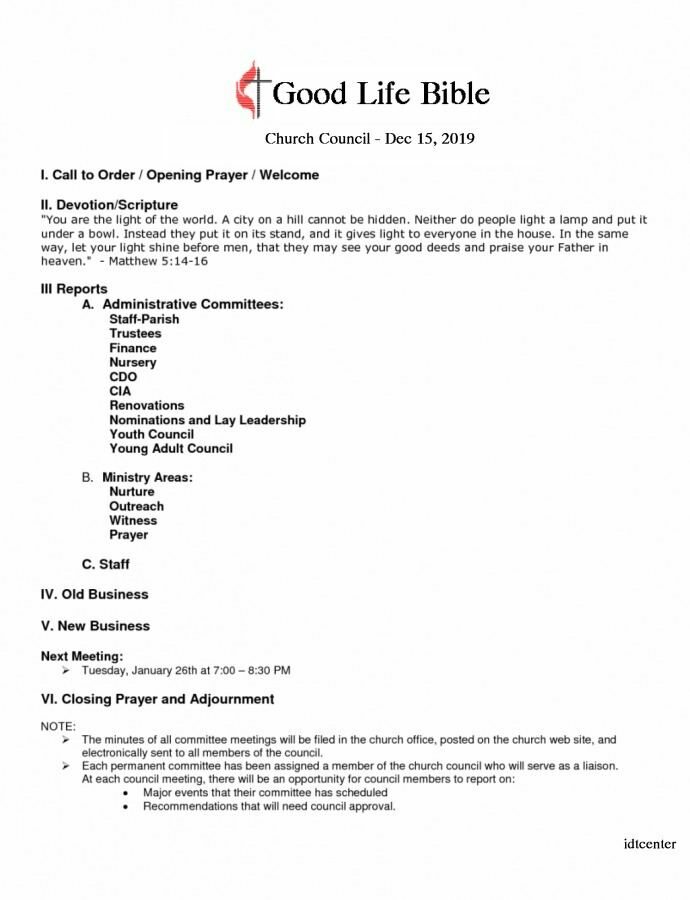 church council meeting agenda template