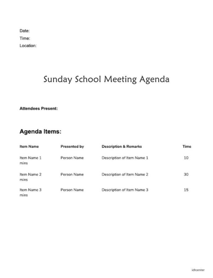 Simple Sunday School Meeting Agenda Template