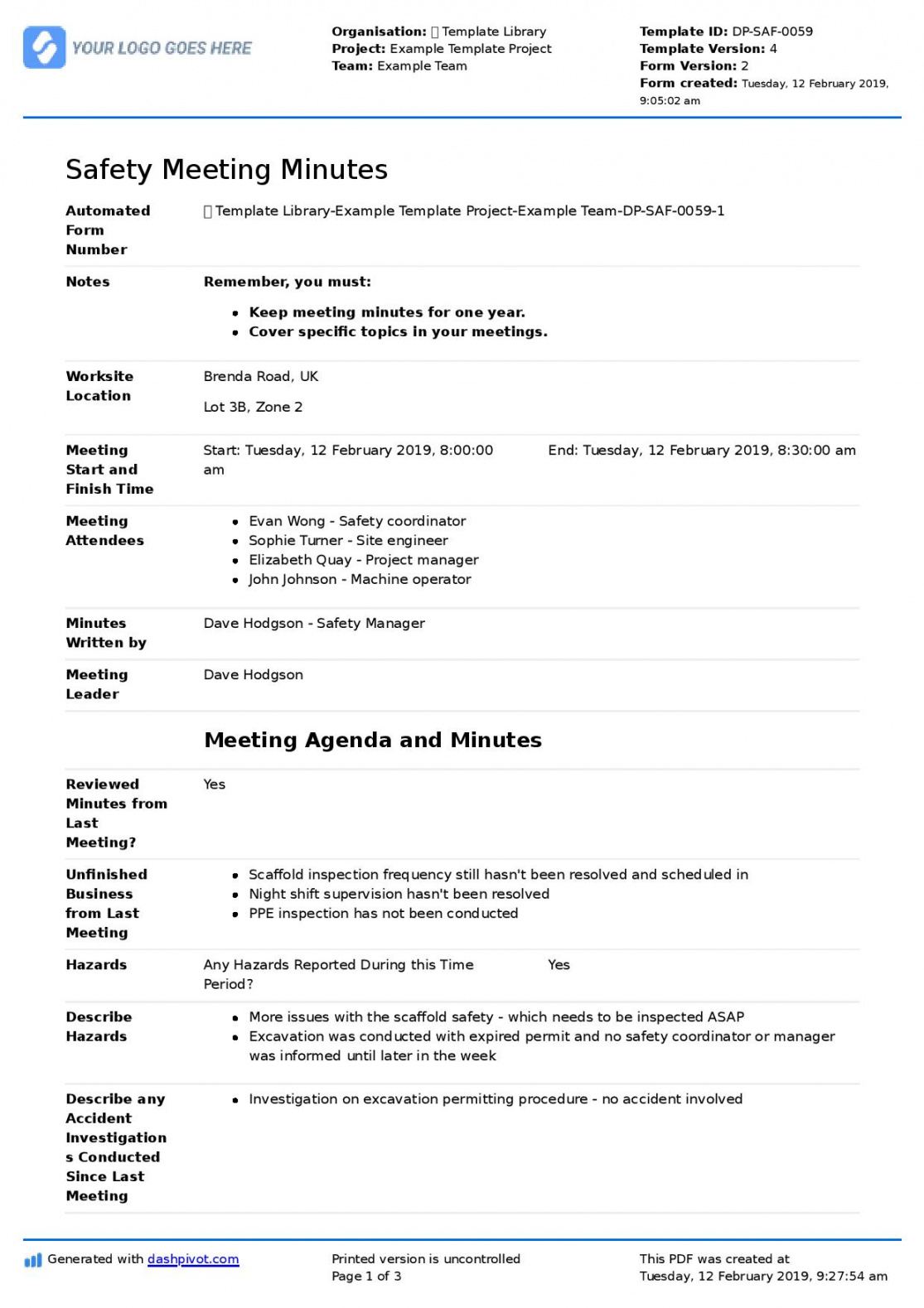 free safety meeting minutes template free to use and better than template for meeting agenda and minutes word