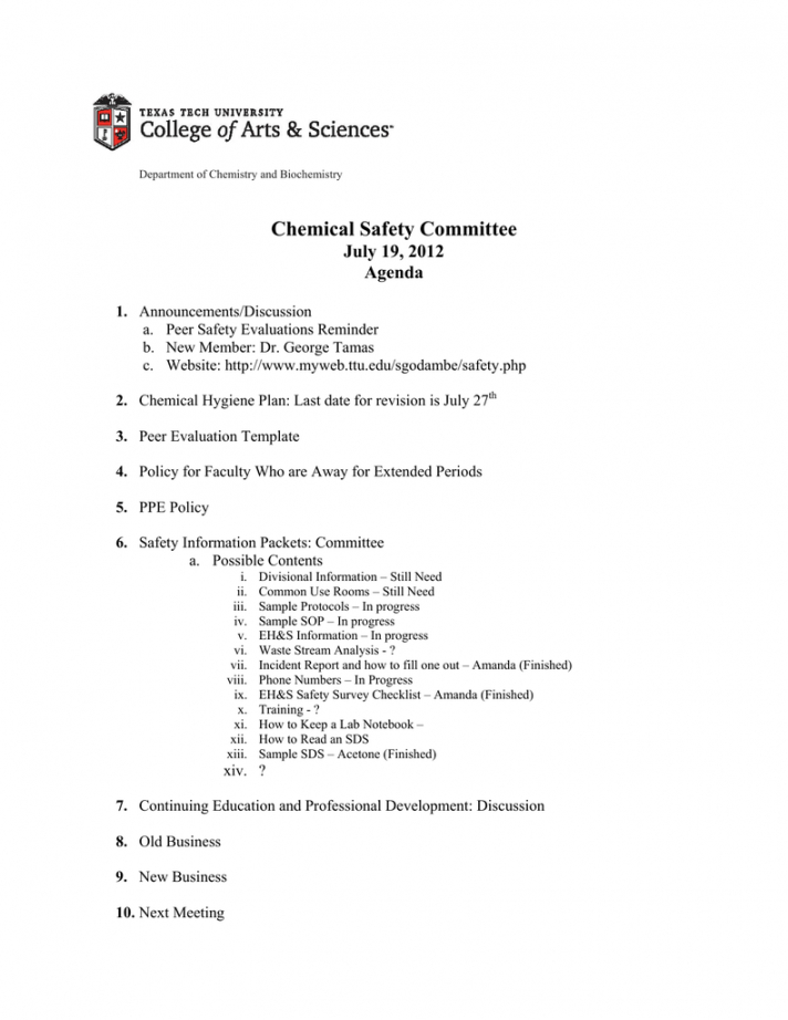 printable chemical safety committee july 19 2012 agenda safety committee meeting agenda template doc