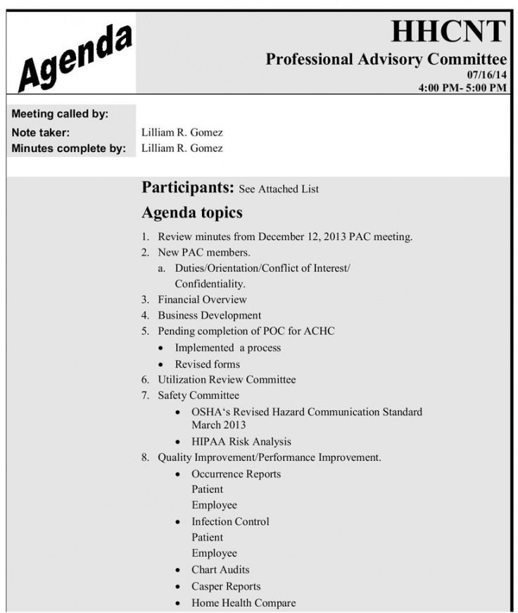 printable samples of hhcnt workreports  home health care network quality assurance meeting agenda template sample