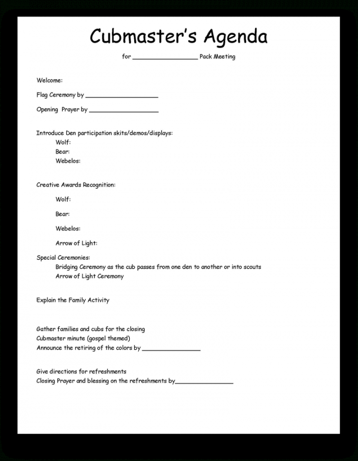 cub scout pack meeting agenda template