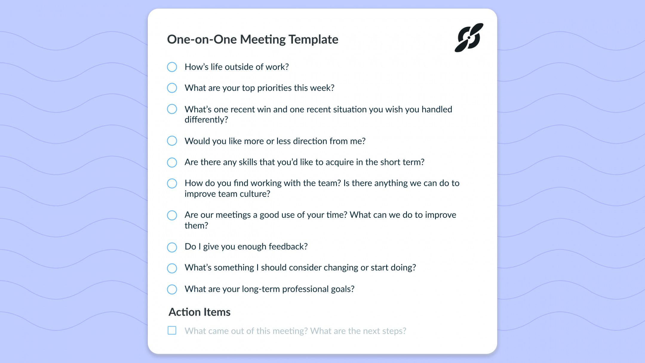 editable one on one meeting template top 10 questions great managers weekly one on one meeting agenda template example