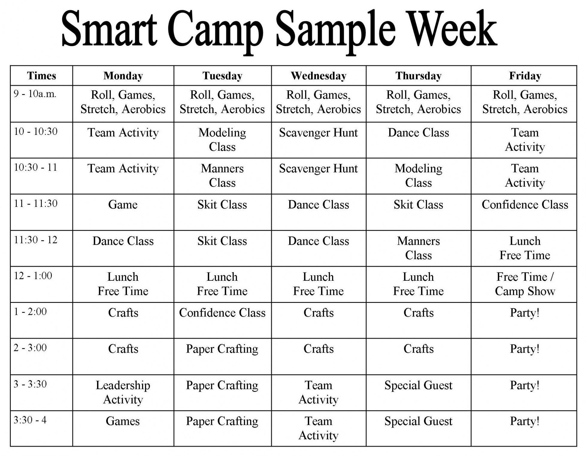 editable smart camp weekly sample classes grid  summer camp summer camp agenda template sample