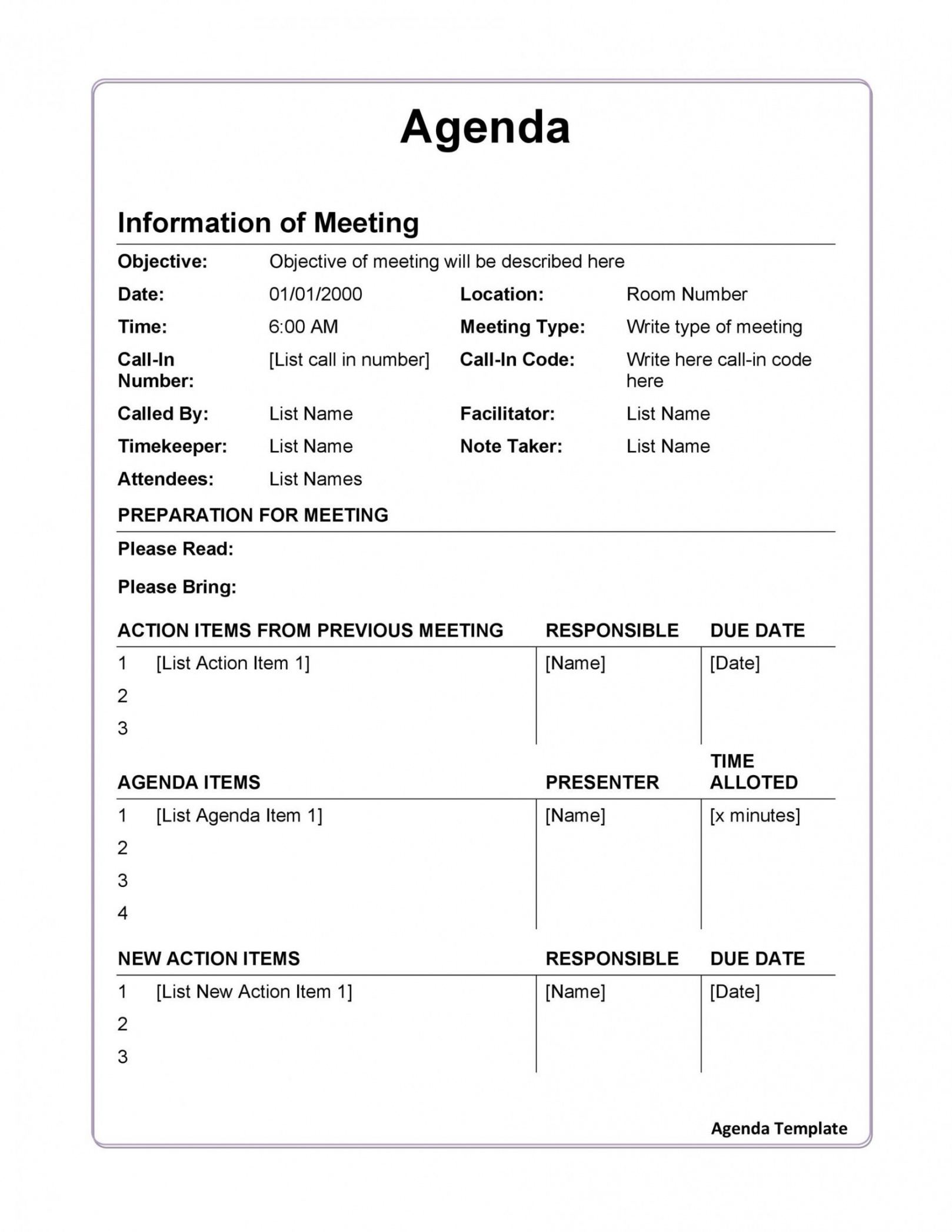 printable agenda template with attendees meeting agenda sample template free
