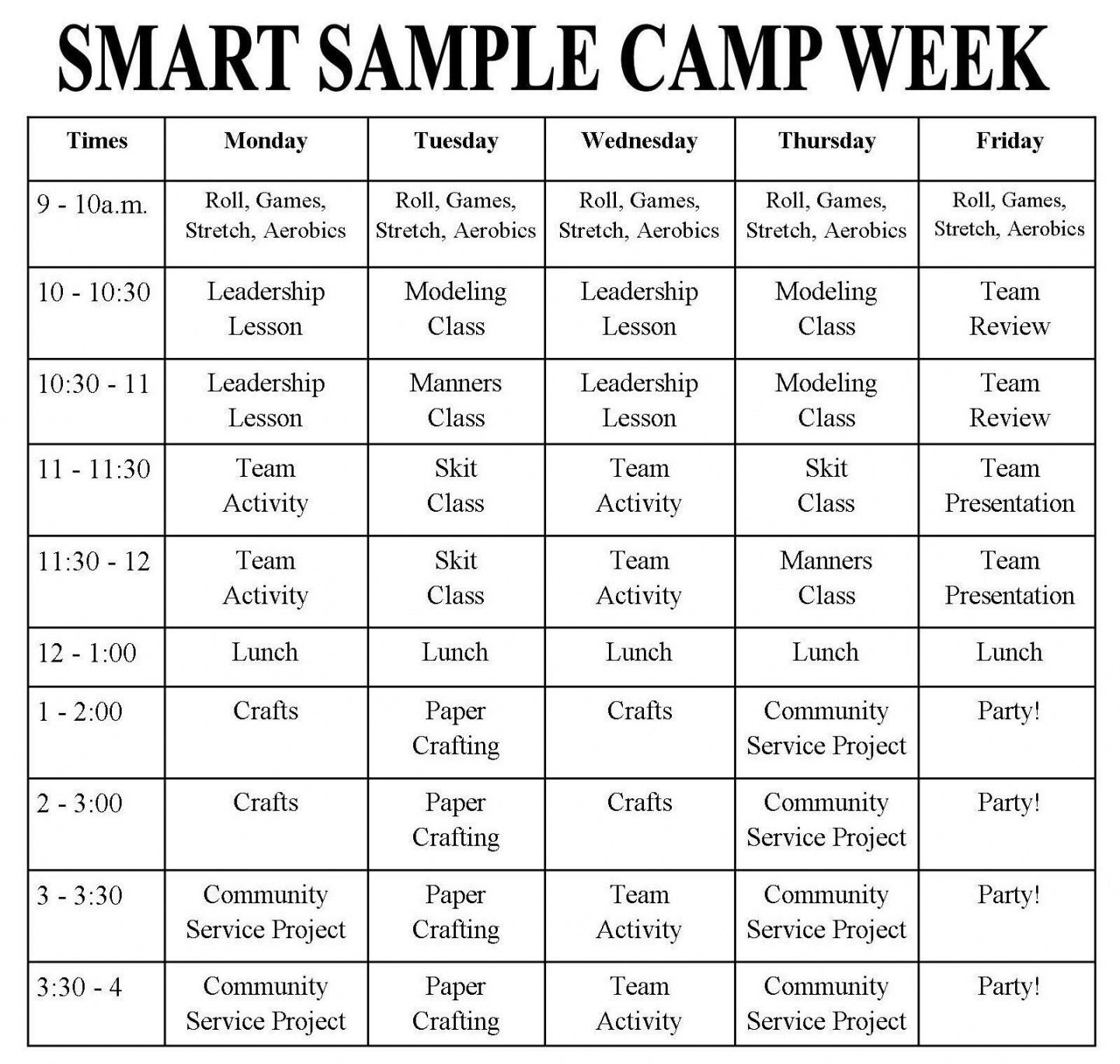 Sample Summer Camp Schedule Template Blank Blank Calendar Summer Camp