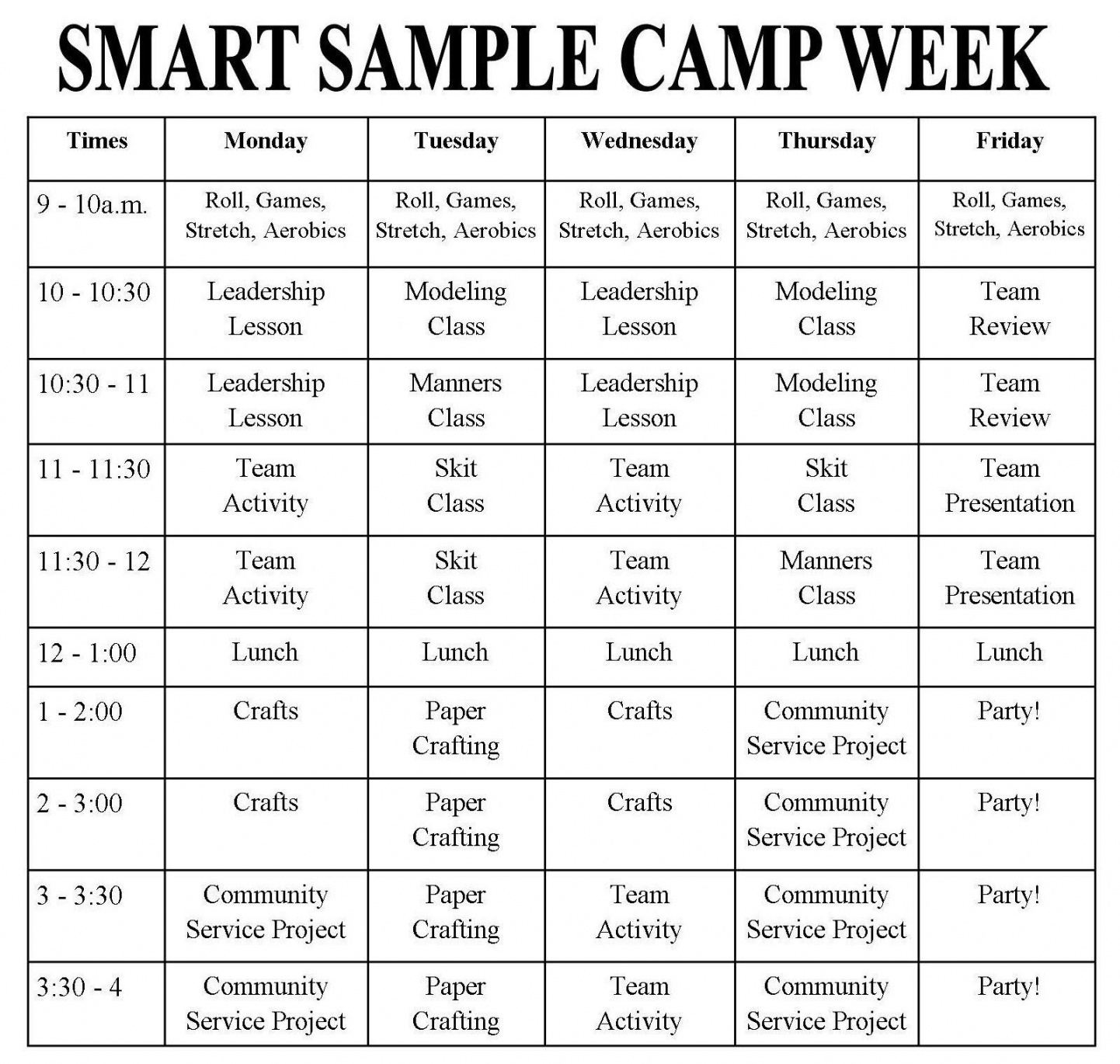 Sample Summer Camp Schedule Template Blank Blank Calendar Summer Camp ...