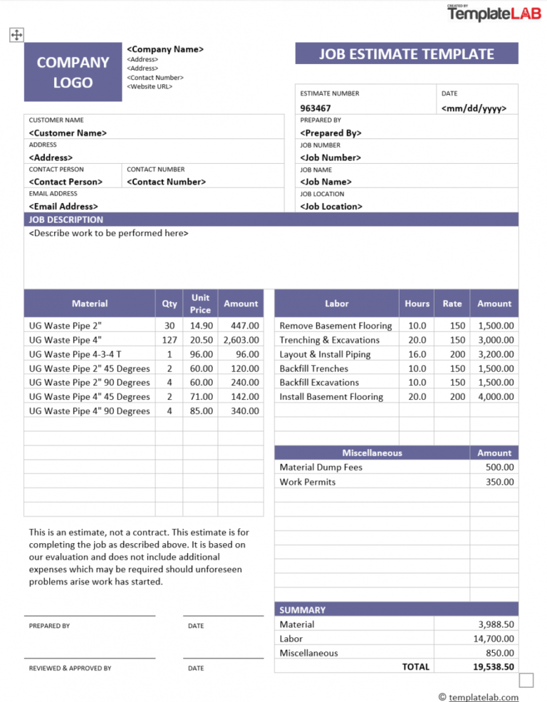 Construction Free Printable Estimate Forms Printable World Holiday