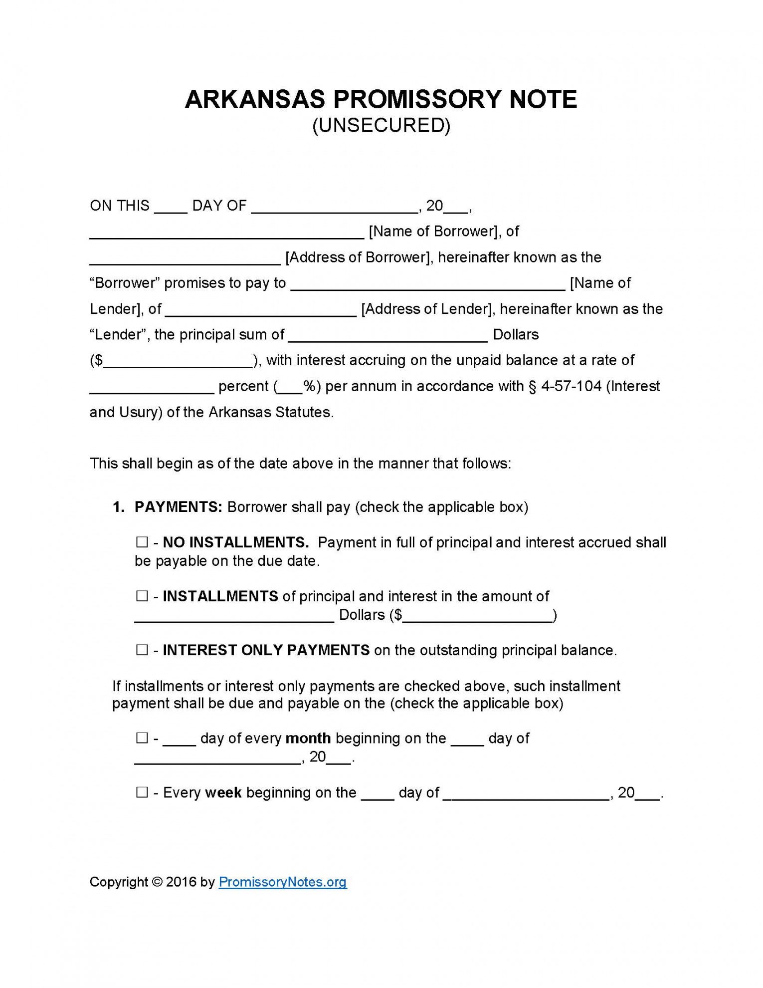 arkansas unsecured promissory note template  promissory promissory note template for personal loan pdf