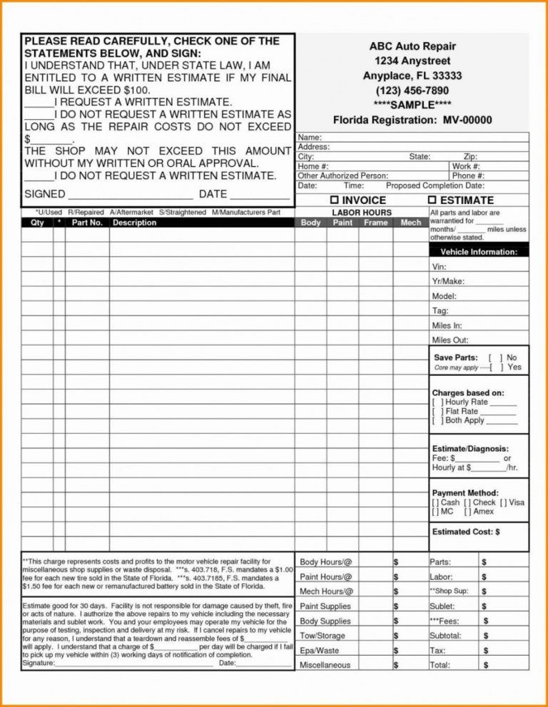 Body Shop Estimate Template ~ Addictionary Body Shop Estimate Form