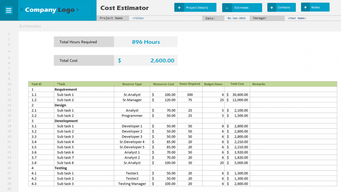 cost estimator  excel project management templates cost estimate worksheet template