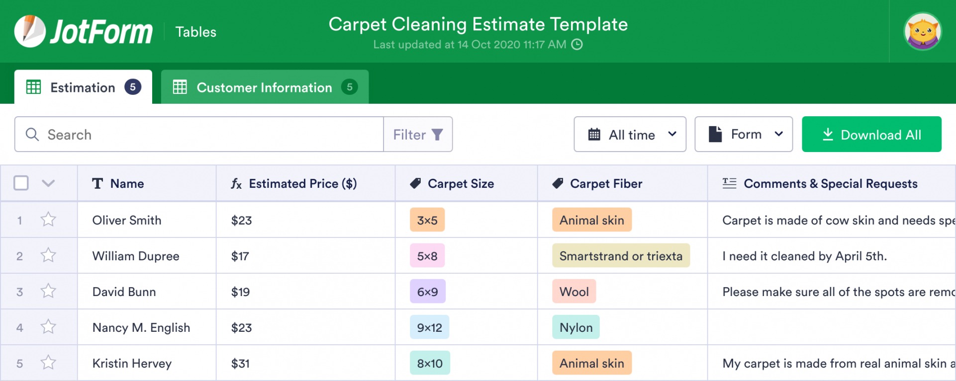editable carpet cleaning estimate plantilla  jotform tables carpet cleaning estimate template example