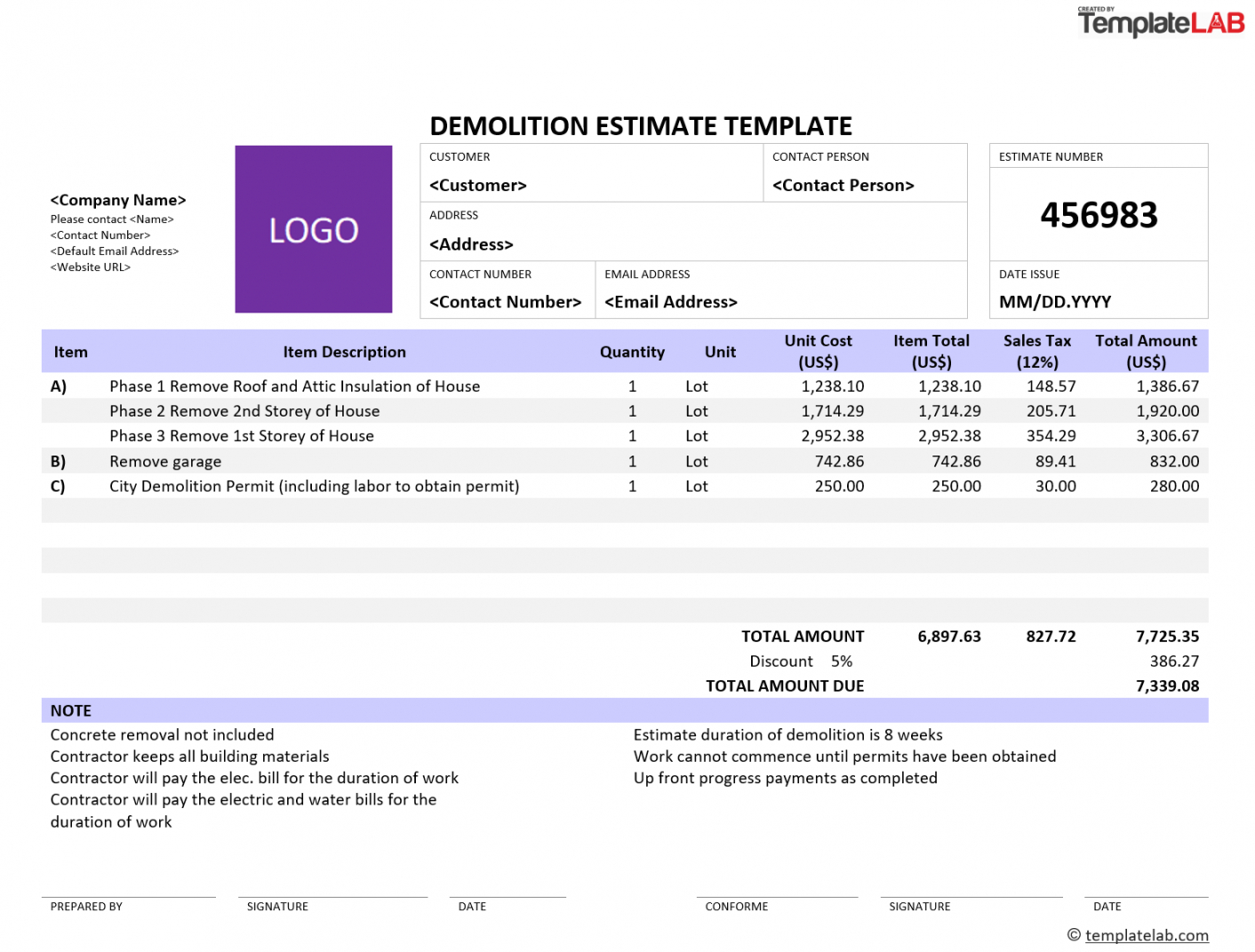 editable download demolition estimate template in 2020  estimate demolition estimate template sample
