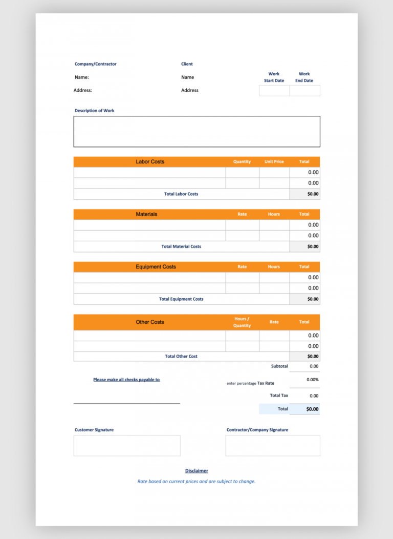 Editable Free Construction Estimate Template Bigrentz Work Estimate 