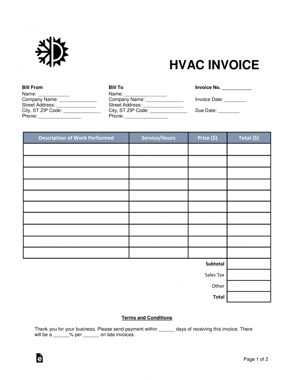 Editable Free Hvac Invoice Template Word Pdf Eforms Free Air