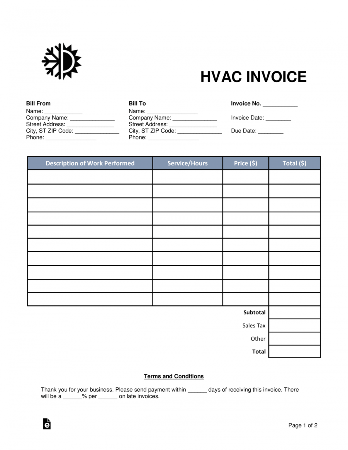 Editable Free Hvac Invoice Template Word Pdf Eforms Free Air Conditioning Estimate Template PDF