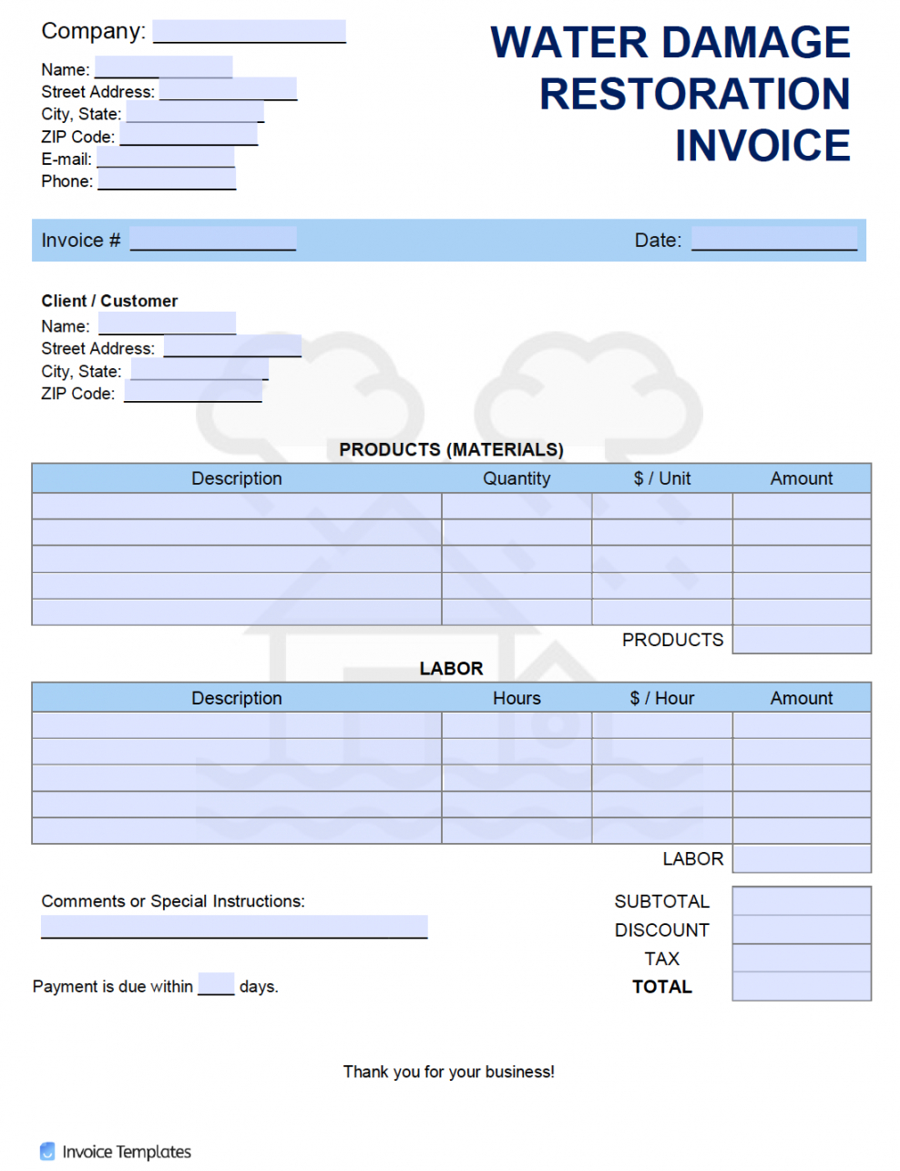 editable free water damage restoration invoice template  pdf  word water damage estimate template pdf