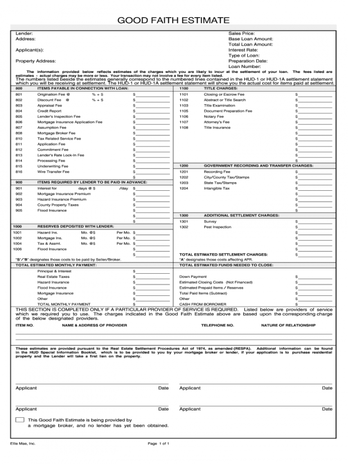 editable good faith estimate  fill online printable fillable good faith estimate template excel