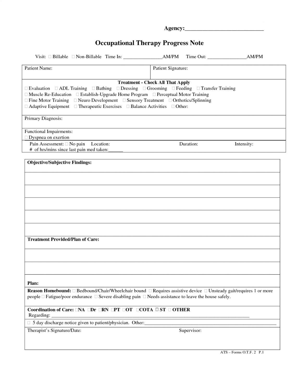 editable tenncare occupational therapy templates  occupational occupational therapy progress note template word