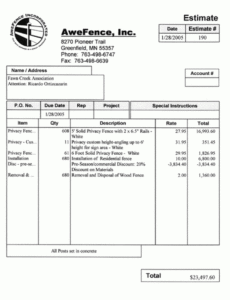 fence invoice fence estimate template