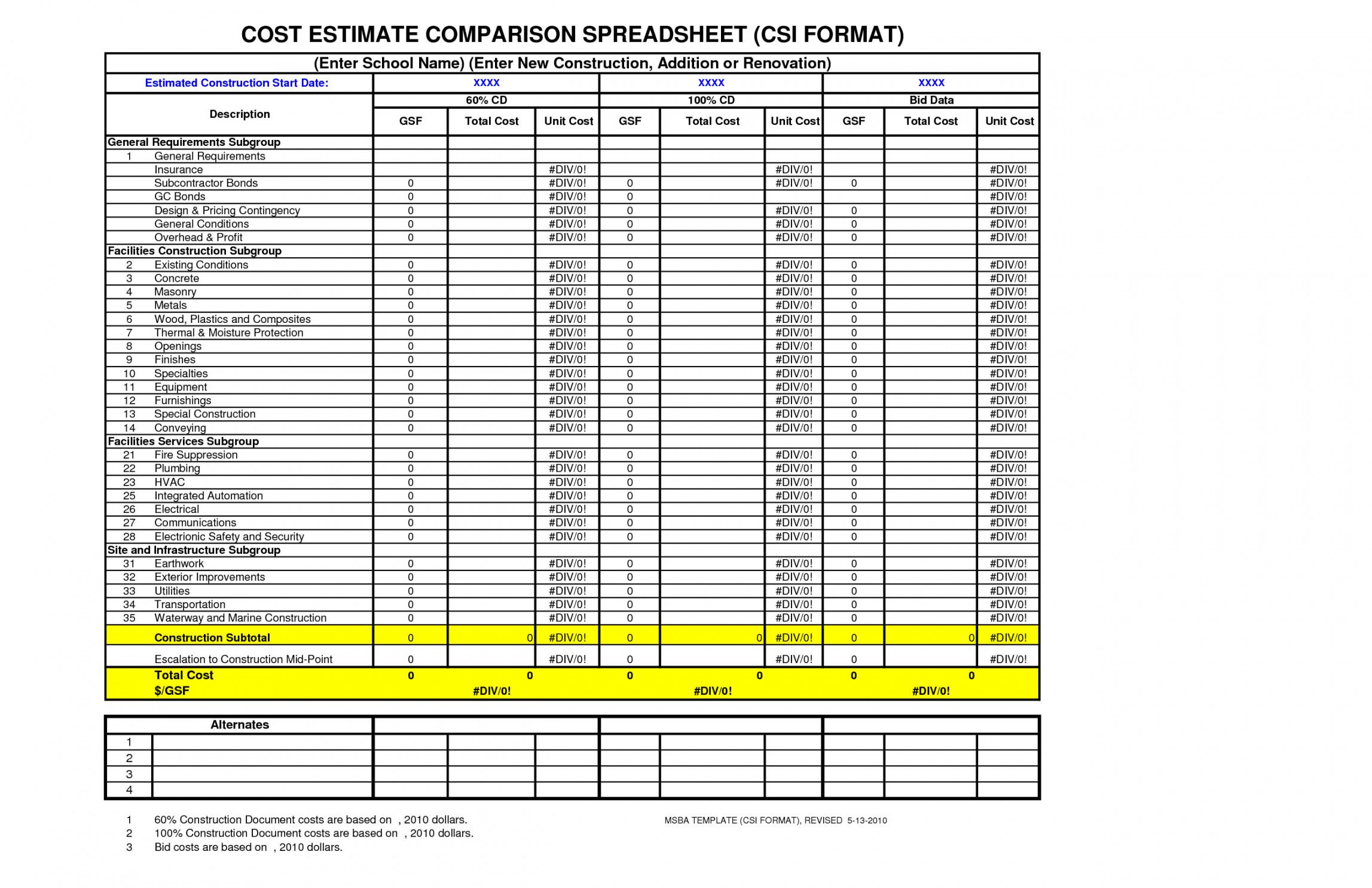 free cost estimate comparison spreadsheet  cost estimate spreadsheet cost estimate worksheet template pdf