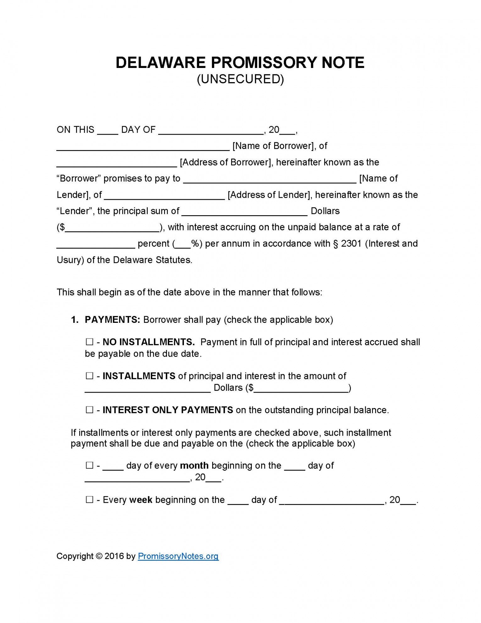 free delaware unsecured promissory note template  promissory corporate promissory note template