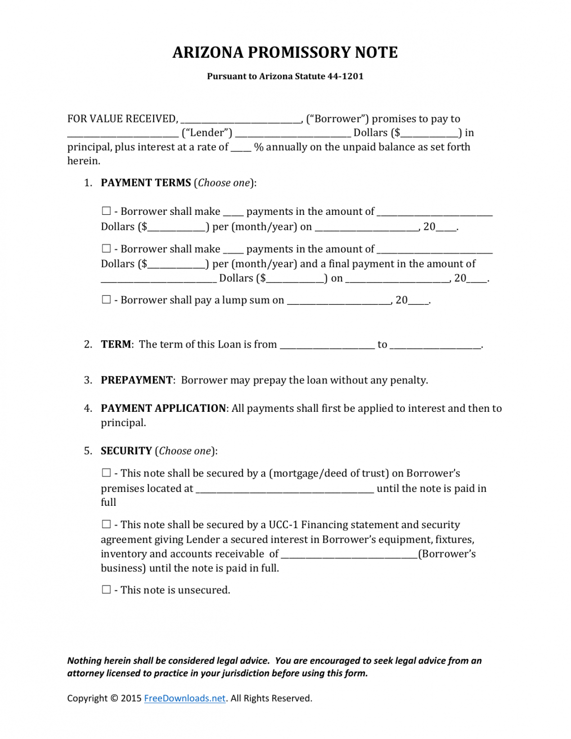 free download arizona promissory note form  pdf  rtf  word arizona promissory note template word