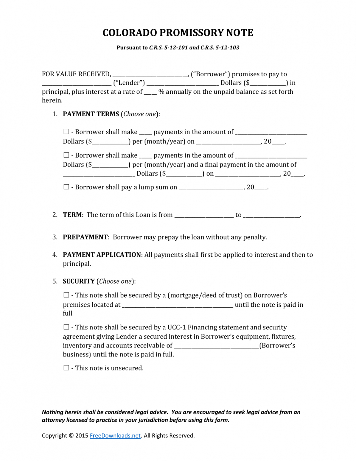 free download colorado promissory note form  pdf  rtf  word promissory note template colorado sample