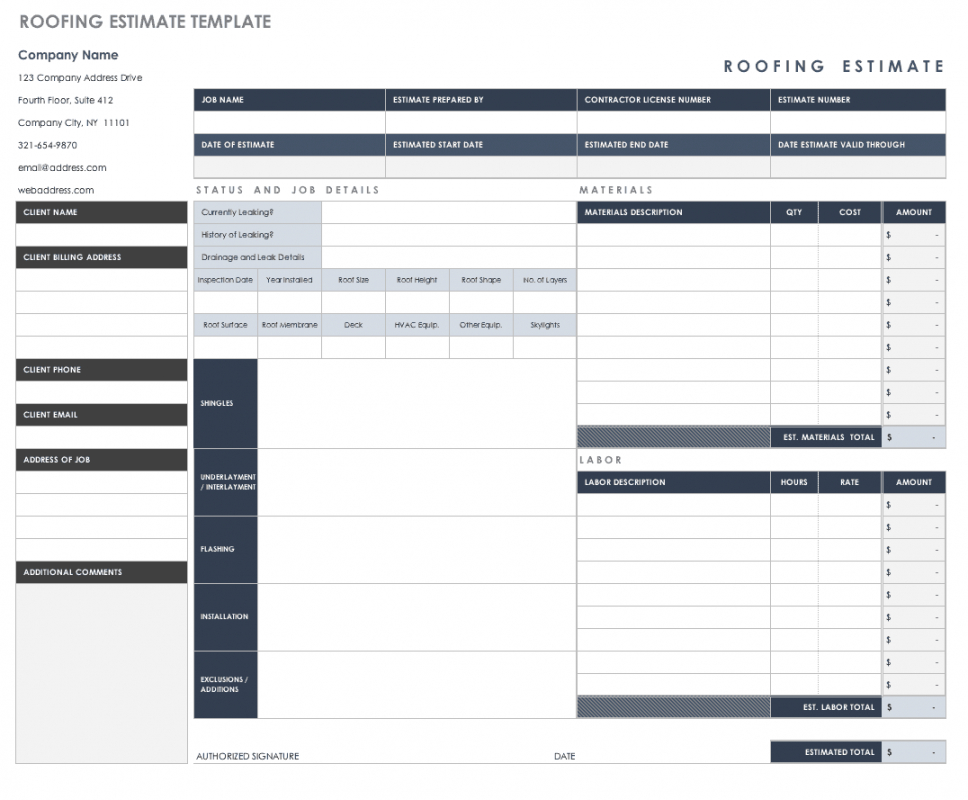 Material And Labor Estimate Template