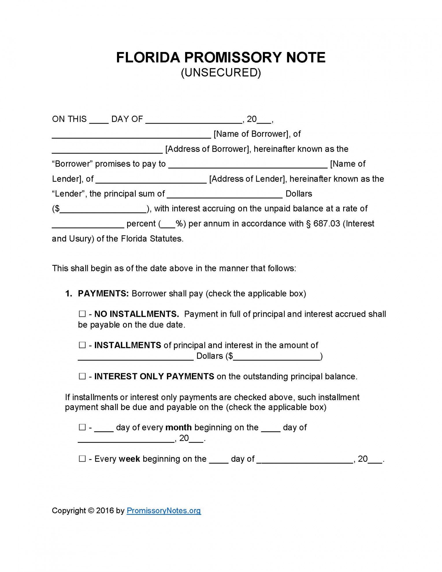 free florida unsecured promissory note template  promissory florida promissory note template word