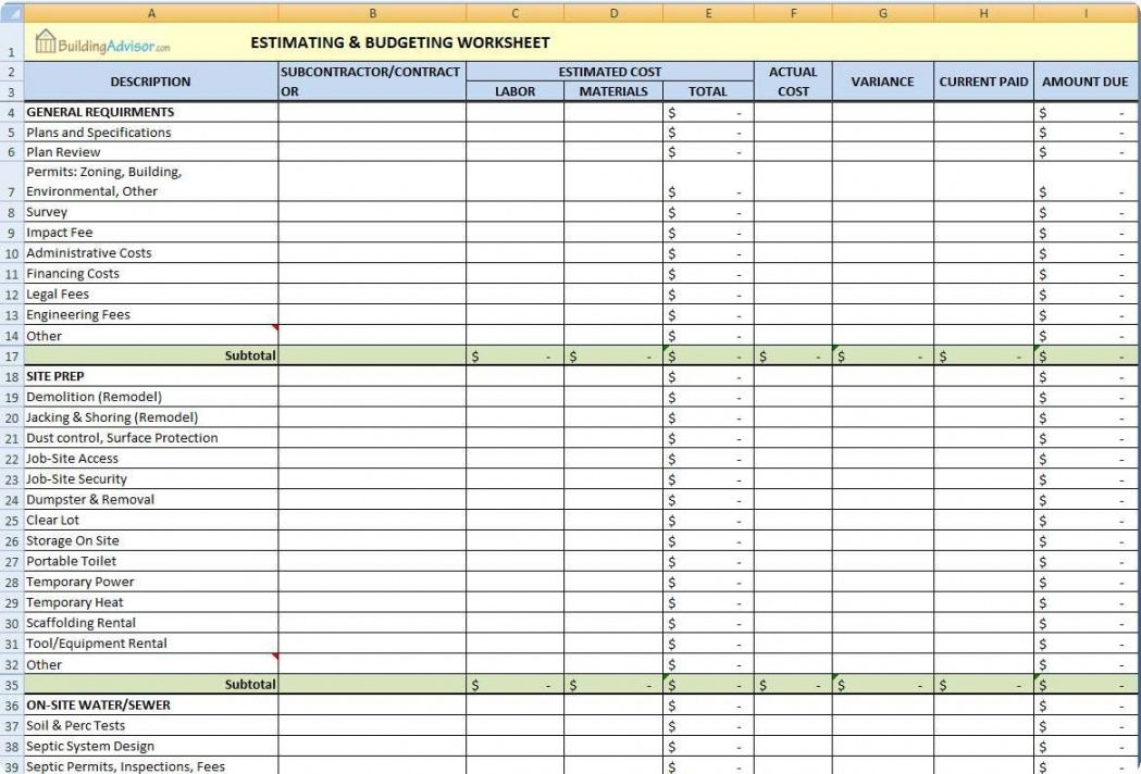 free free estimating software building remodeling  excel budget cost estimate worksheet template excel