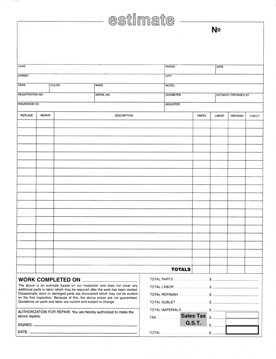 free httppaperandthreadgfrefreecarrepairestimate100 collision estimate template sample