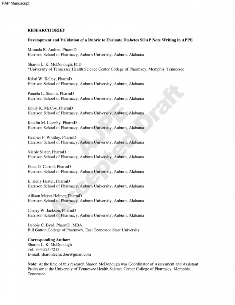 free pdf development and validation of a rubric to evaluate diabetic soap note template doc