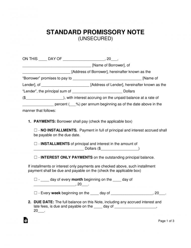 Free Unsecured Promissory Note Template Word Pdf Short Term Promissory 