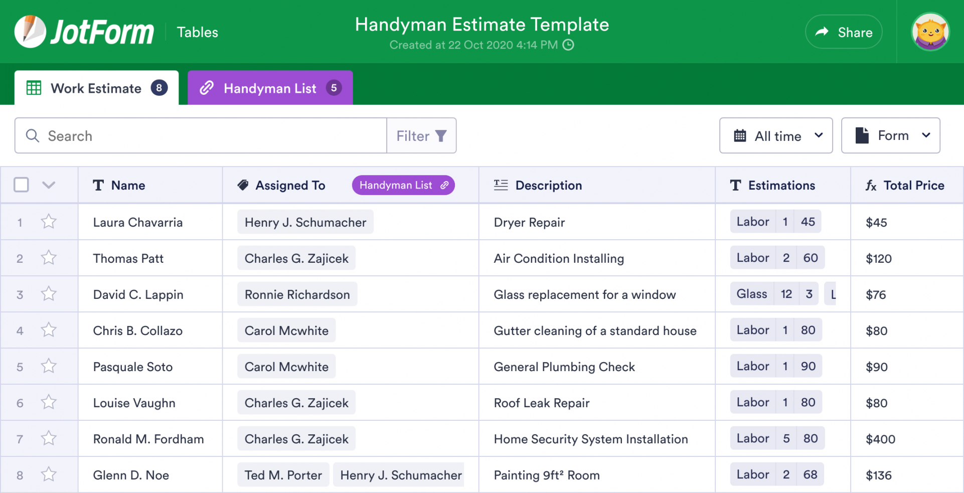 jotform tables