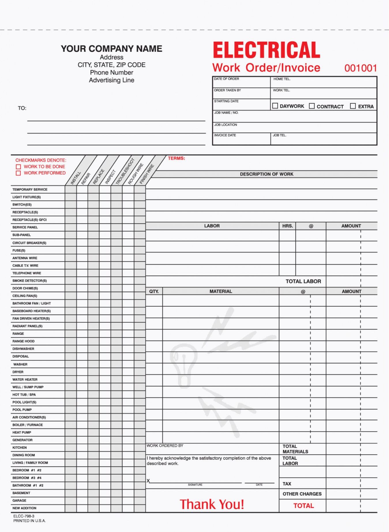 printable 3 part electrician work order forms  electrician work electrician estimate template sample