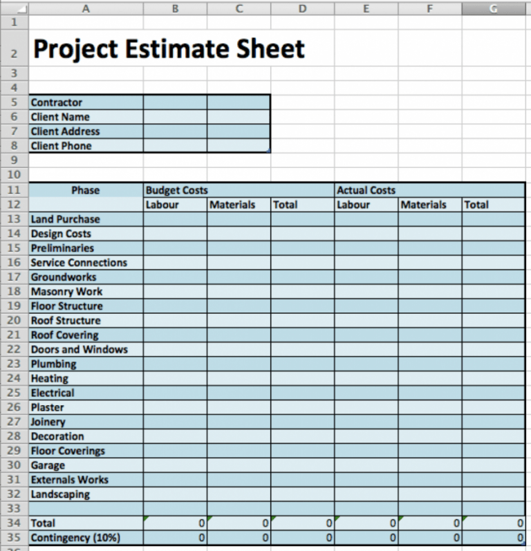 Home building estimate spreadsheet