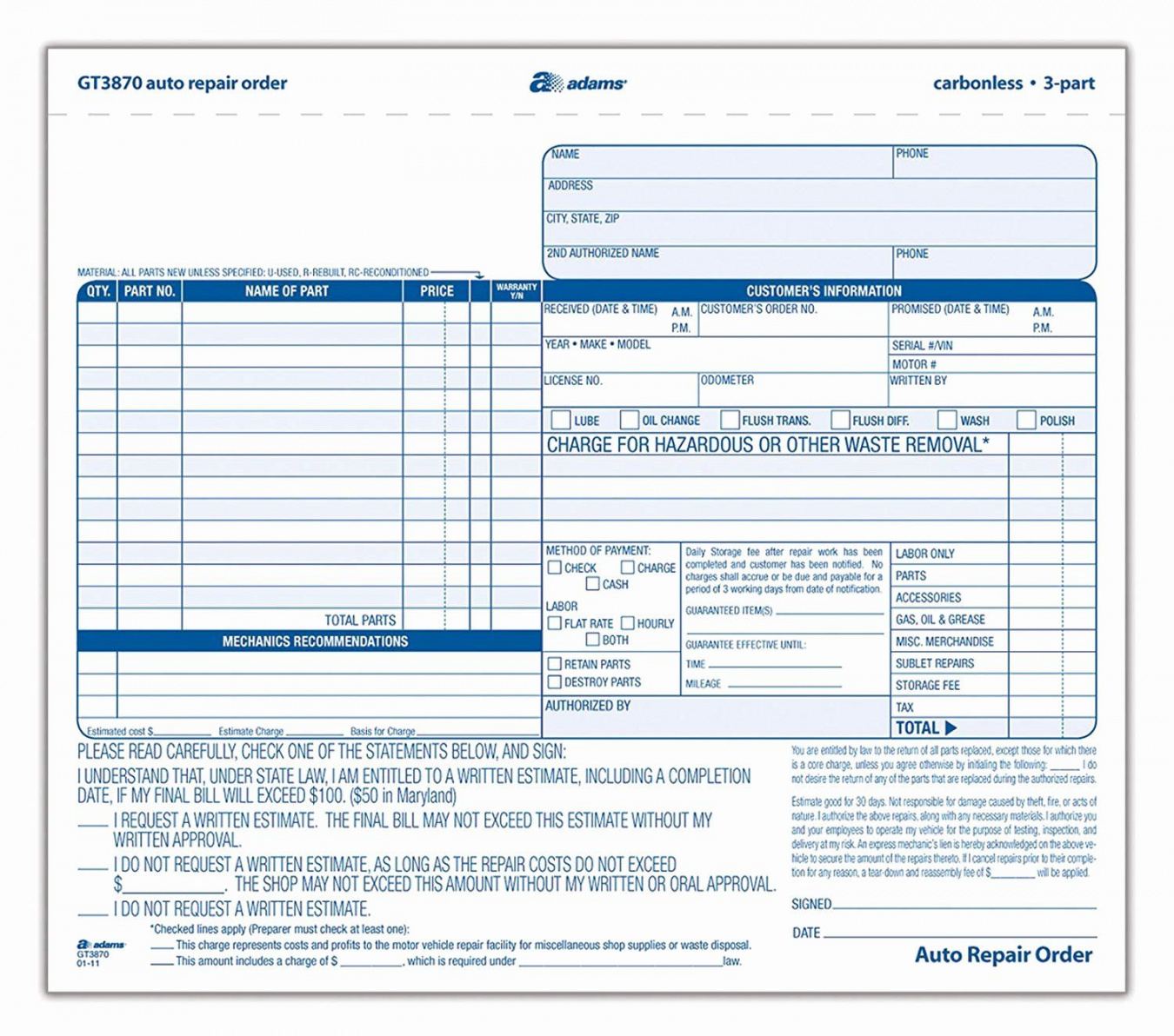 printable auto repair estimate form pdf unique adams auto repair order garage estimate template pdf