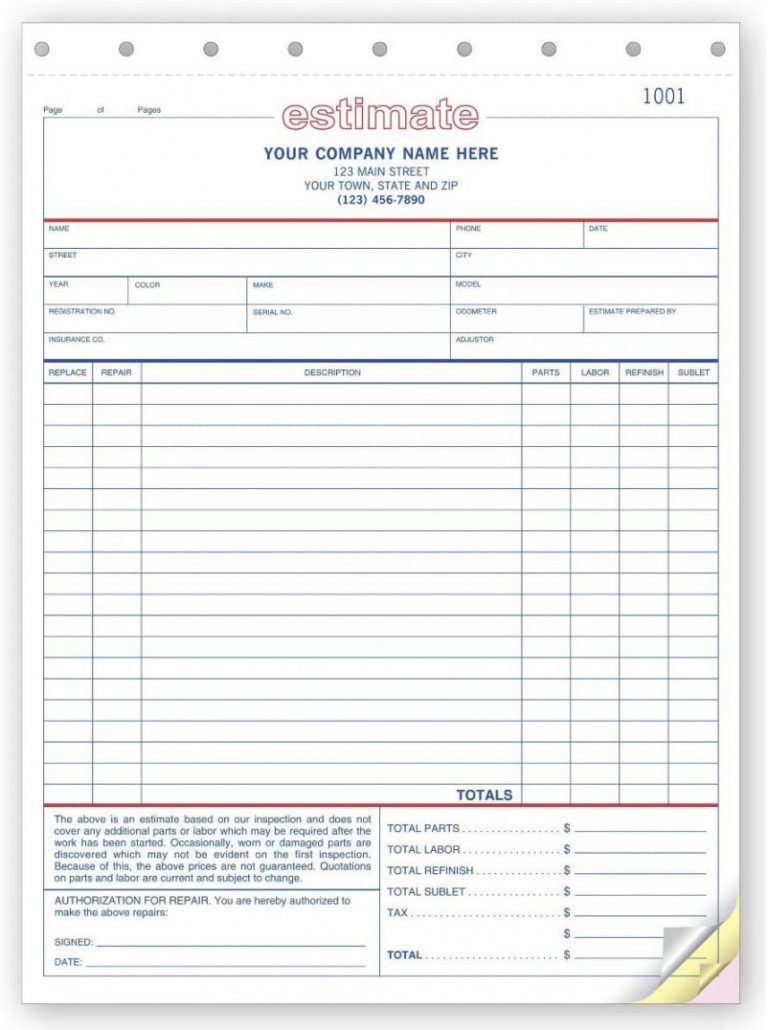 Printable Body Shop Estimate Form Printable Templates