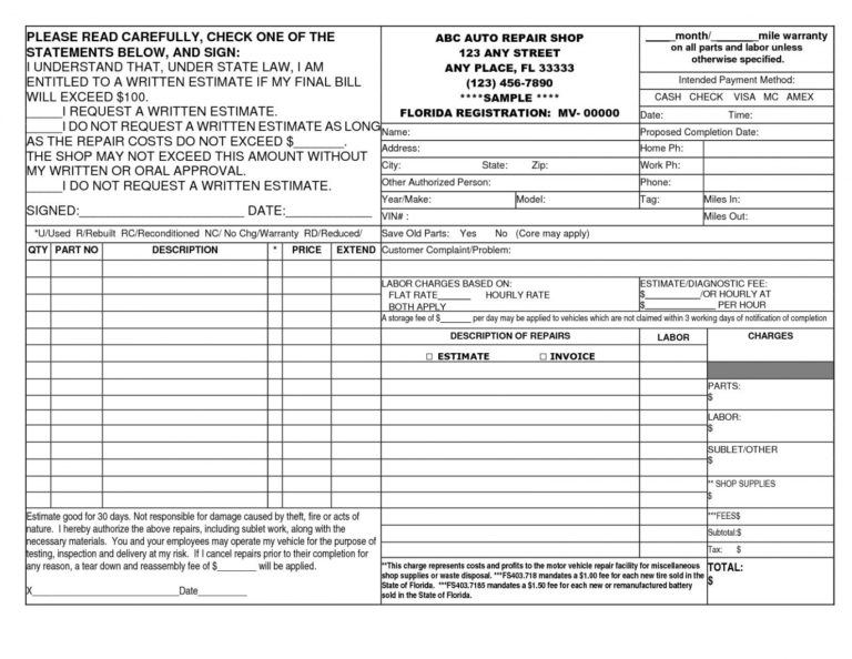 Body Shop Invoice Template