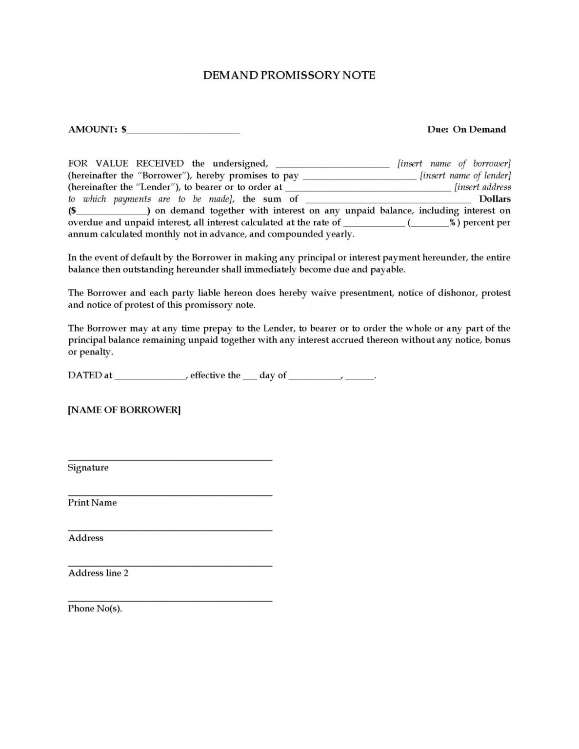 Printable Demand Promissory Note Legal Forms And Business Templates 