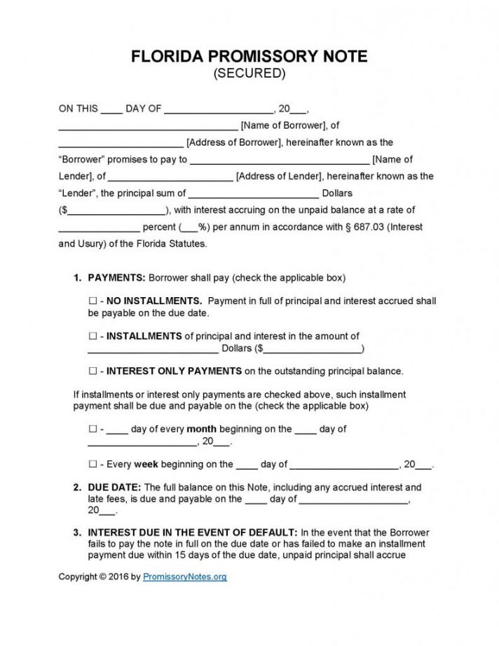 printable florida secured promissory note template  promissory notes mortgage promissory note template doc