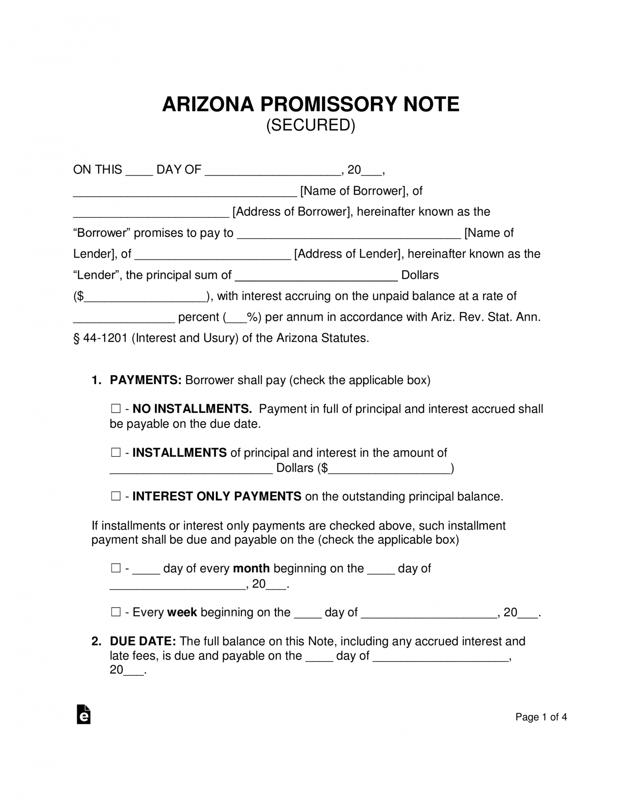 Printable Free Arizona Secured Promissory Note Template Word Pdf