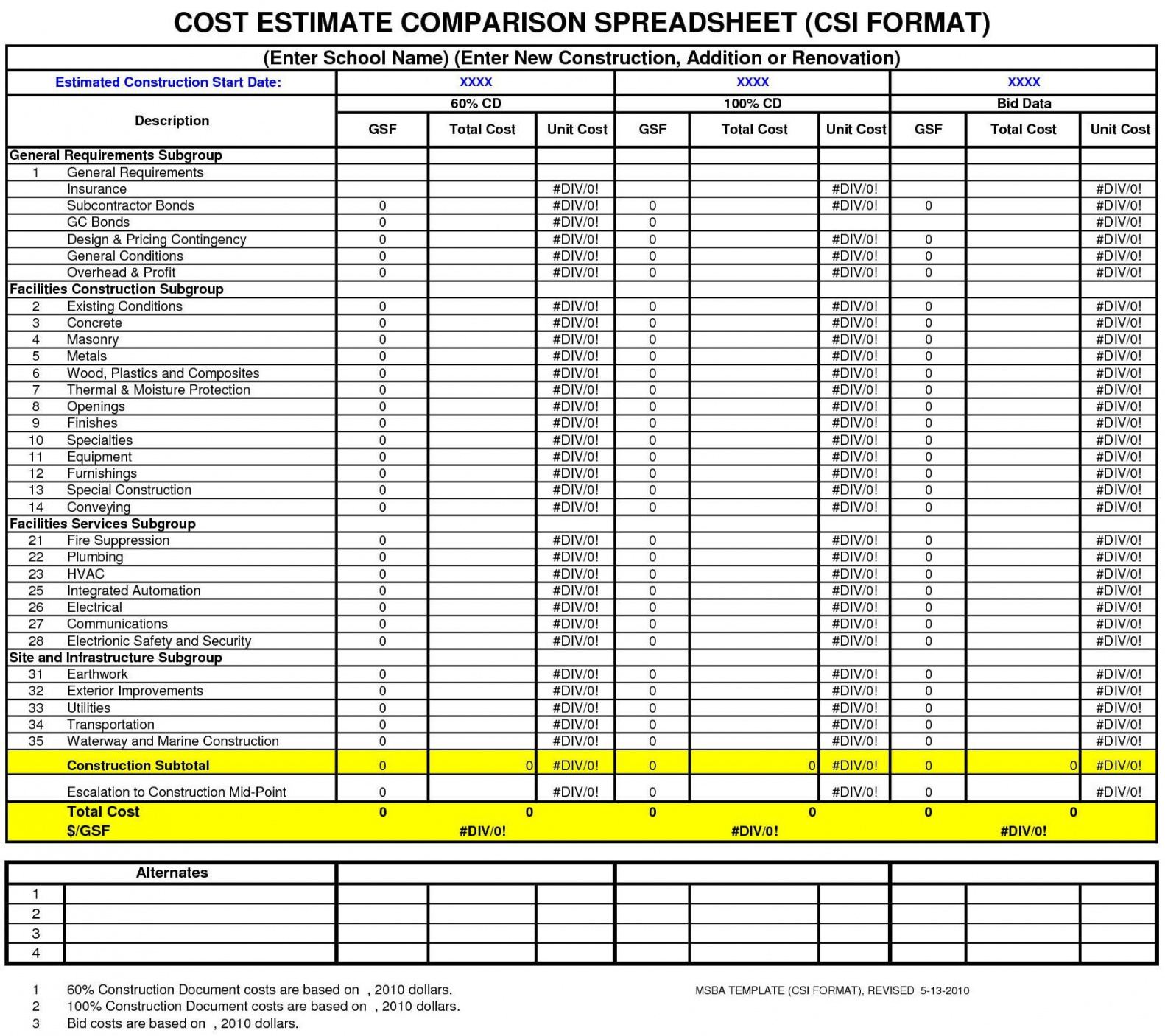 Printable Masonry Estimating Spreadsheet Estimate Template Excel