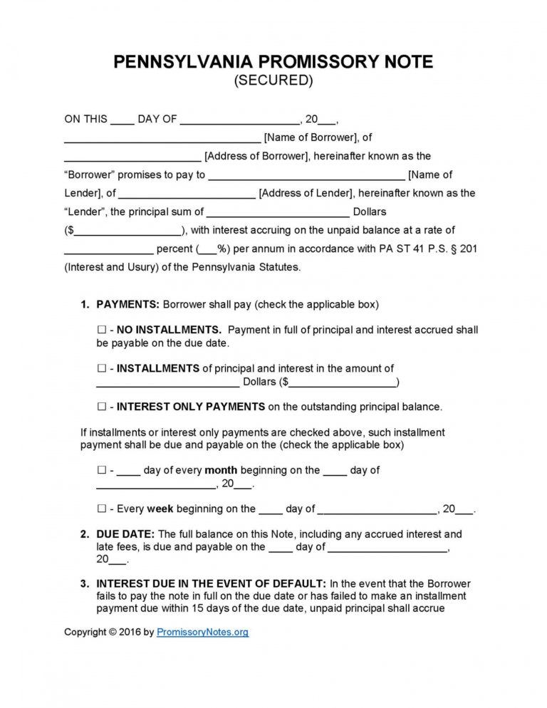 Printable Pennsylvania Secured Promissory Note Template Promissory Printable Pennsylvania Secured Promissory Note Template Promissory