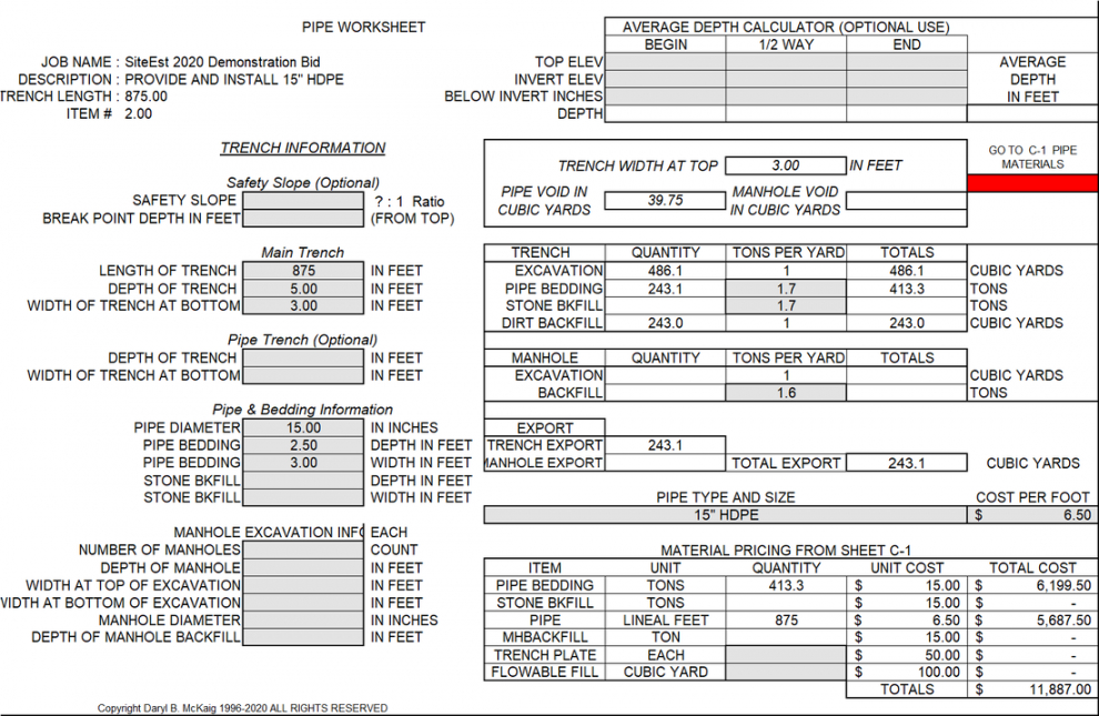 printable siteest  earthwork sitework estimating spreadsheets excavation estimate template doc