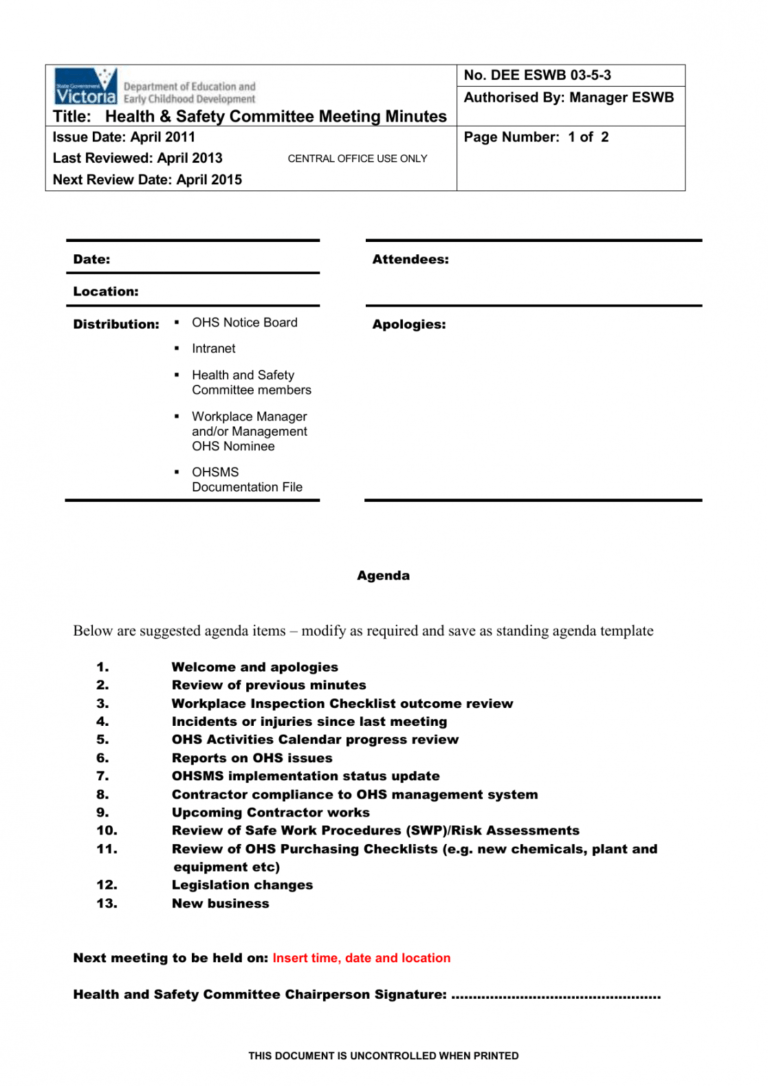 Printable Template Safety Meeting Agenda Template Safety Committee